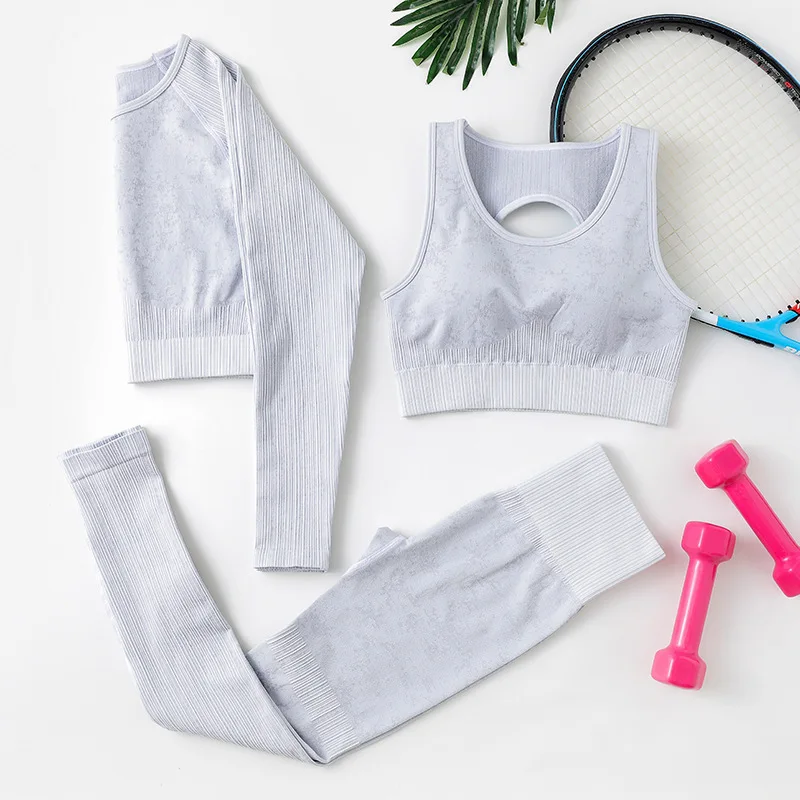 2/3PCS Women Bright silk Yoga Set Workout Sportswear Gym Clothing Fitness Long Sleeve Crop Top High Waist Leggings Yoga Running