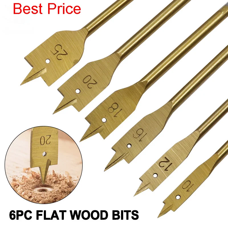 

50set/lot Titanium Plated Woodworking Flat Drill 6-piece Set Woodworking Drill Wood Hole Opening Electric Drill Cutter Wood