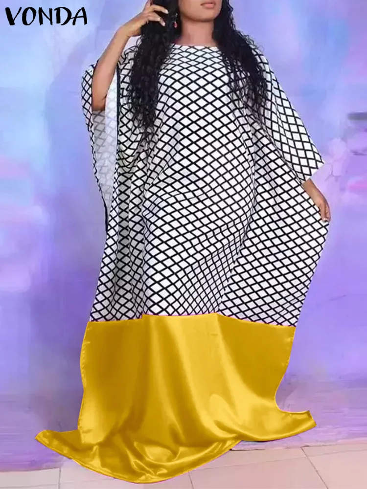 

2023 VONDA Women Summer Bohemian Vintage Dress Plaid Checked Patchwork Beach Vestidos 3/4 Sleeve Loose Party Maxi Sundress Robe