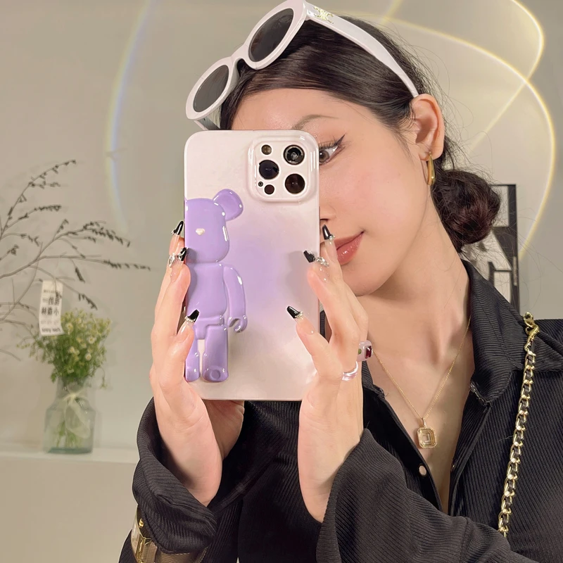 Cheap ثلاثية الأبعاد الرجعية اليابانية الأرجواني هالو الميكانيكية العنف الدب قضية الهاتف آيفون 11 12 13 برو Xs ماكس Xr X صدمات لينة غطاء