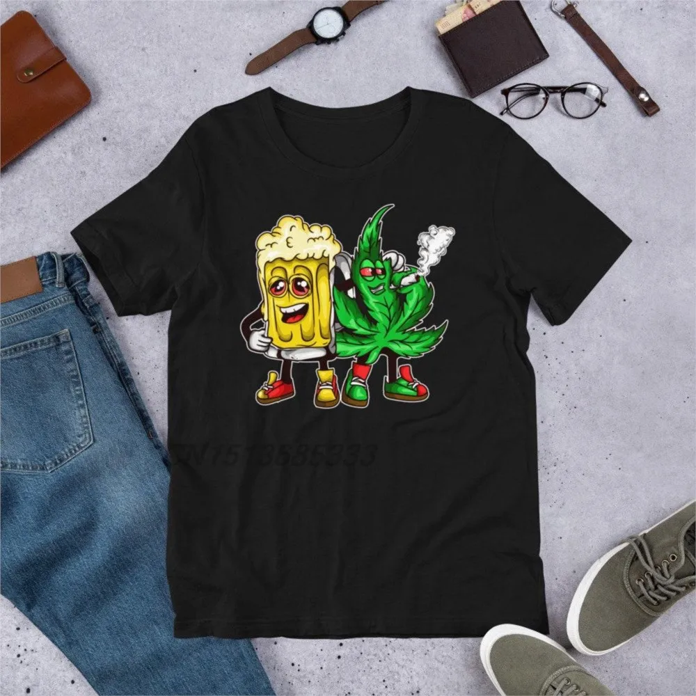 420 Pot Leaf Marijuana Bong Beer and Weed Drunk Cannabis Women T-shirts Funny Shrimp Injured Graphic Printed Tees Cotton Tops