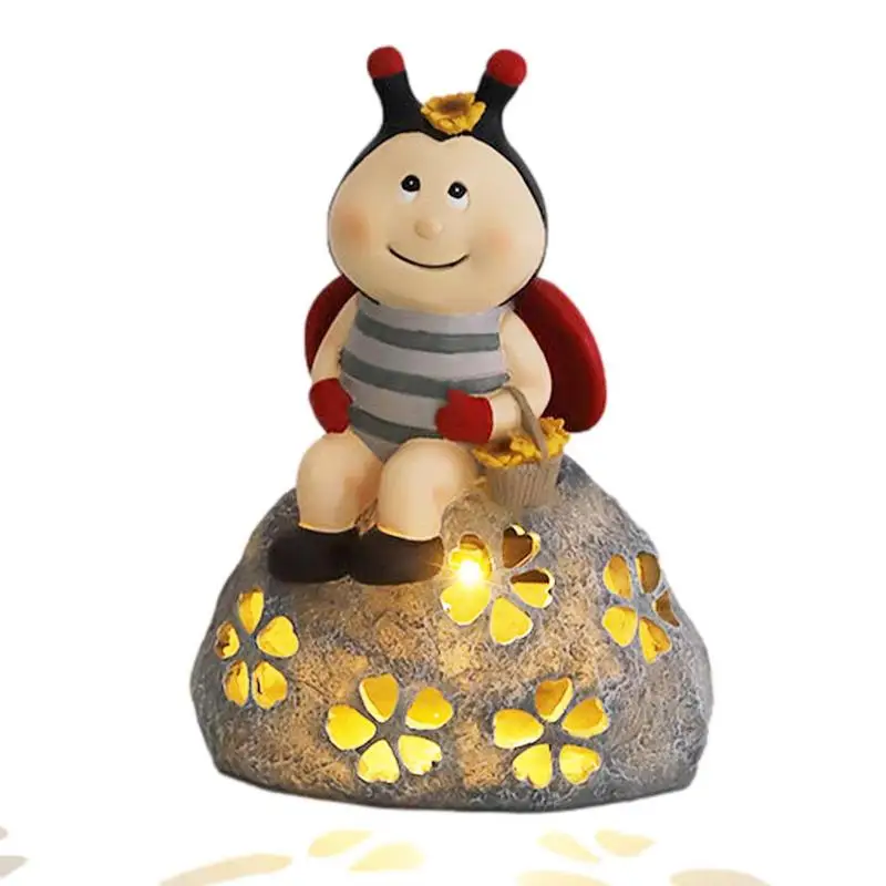 

Resin Sculpture Waterproof Lighted Solar Ladybug Sitting On Stone Statues Figurines Home Outdoor Garden Yard Decoration