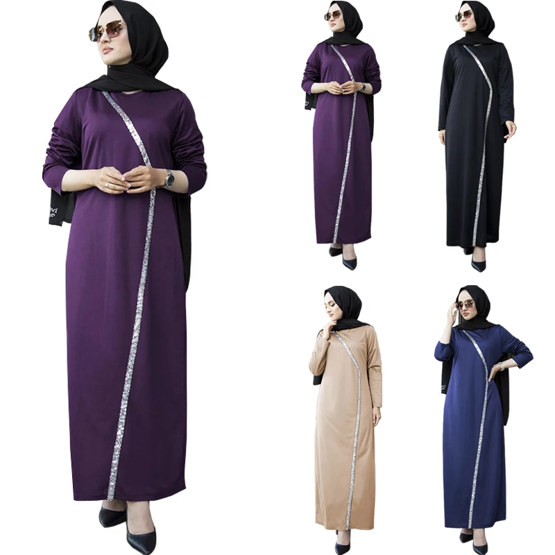 

Модное мусульманское платье-хиджаб Abaya, Женский Повседневный Сарафан с блестками, однотонное яркое праздничное платье, одежда с длинным рукавом, Исламская одежда Рамадан