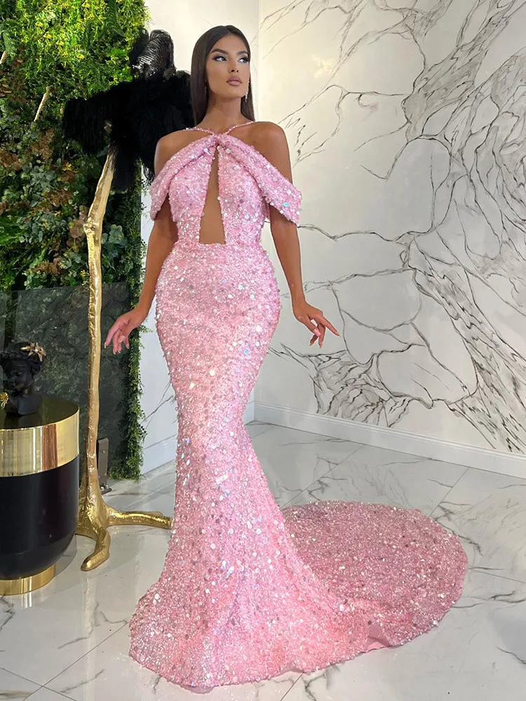 Ladies Pink Luxury Prom Gowns Halter Key Hole Maxi Long Sequines Glitter Elegant Celebrity Evening Party Birthday Formal Dress