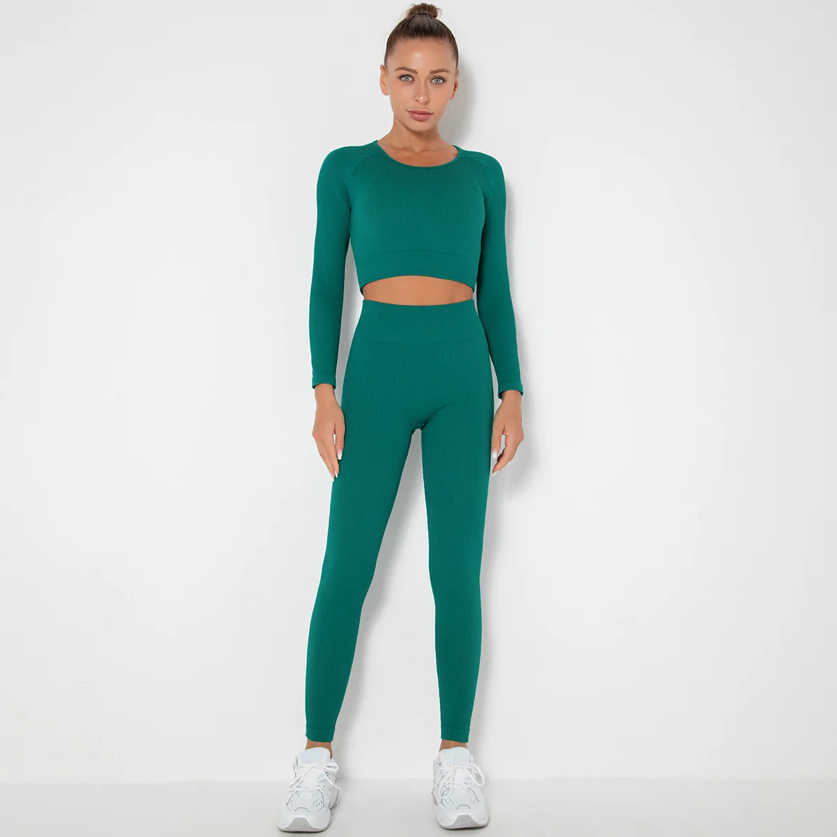

Seamless Knitted Striped Yoga Suit Sports Running Fitness Wear Long Sleeve Pants Suit Women Gym High Waist Sports Suit Women