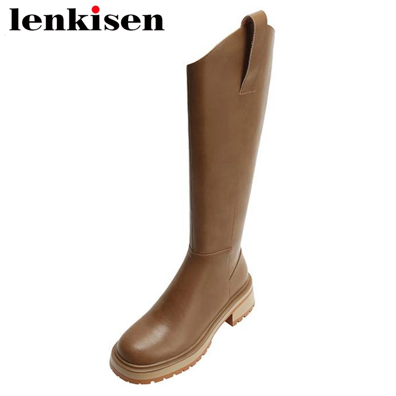 

Lenkisen New Cow Split Leather Classics Riding Boots Round Toe Med Heels Korean Girl Internet Star Women Zipper Thigh High Boots