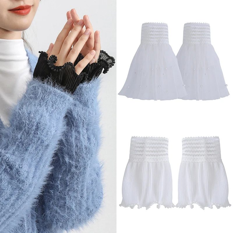 

Korean Women Girls Fake Flared Sleeves Detachable Lace Pleated Ruched False Cuffs Lolita Princess Sweater Blouse Wrist Warmers