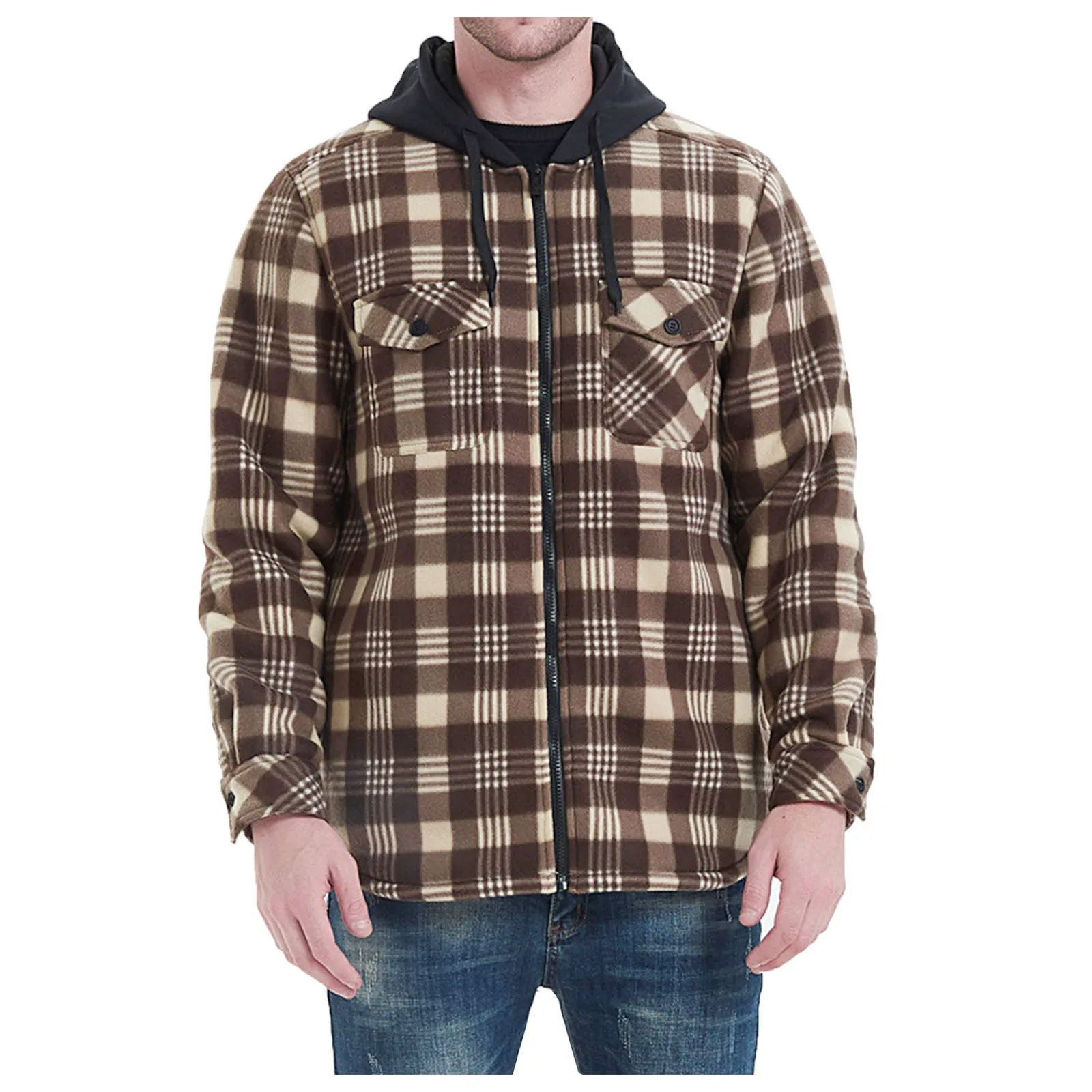 

Men Autumn Winter Large Plaid Pocket Plus Velvet Zipper Hooded Coat Shirt Top Comfy High Quality Daily Shirts Chemise Homme 2022