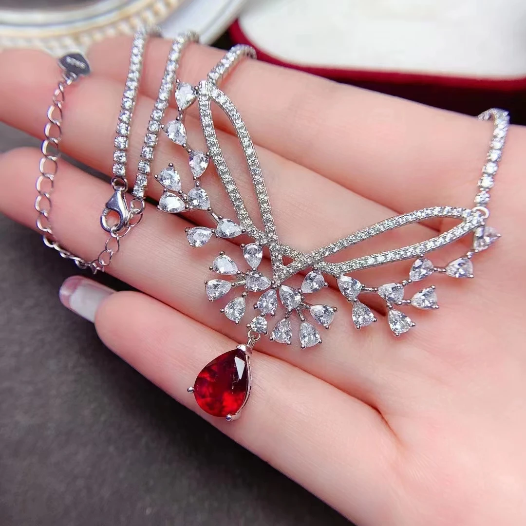 

MeiBaPJ Luxurious Natural Ruby Fashion Flower Pendant Necklace Genuine 925 Silver Red Stone Fine Wedding Jewelry for Women