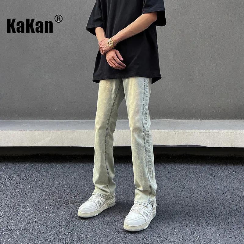 Kakan - New Yellow Mud Wash Jeans for Men, Elastic Loose Relaxed Long Jeans K24-ZLJLB0109