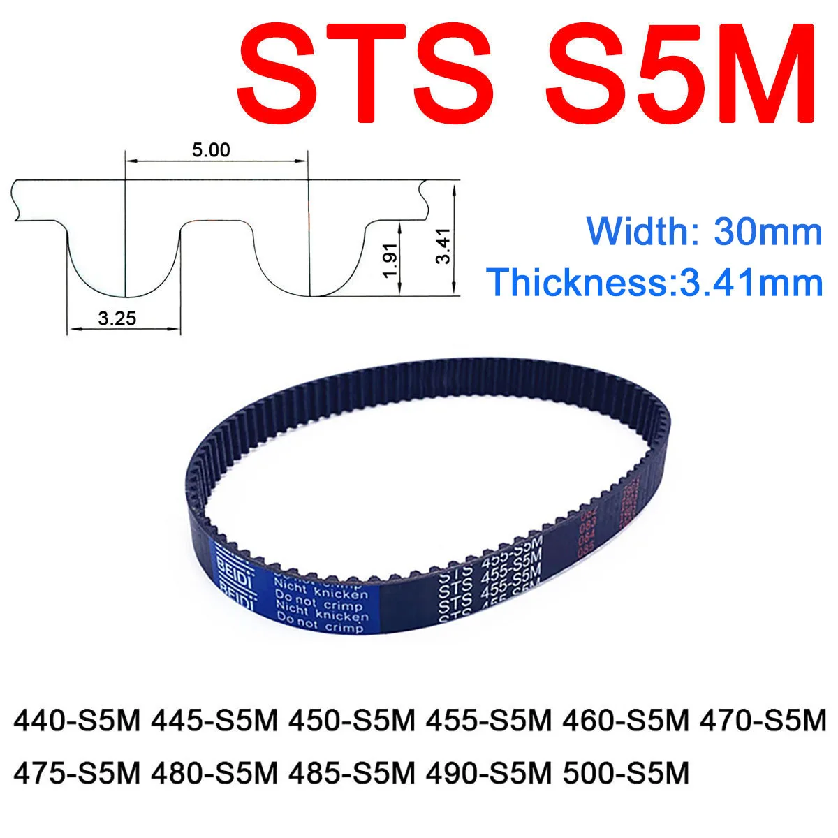

1Pc Width 30mm S5M Rubber Arc Tooth Timing Belt Pitch Length 440 445 450 455 460 470 475 480 485 490 500mm Synchronous Belts