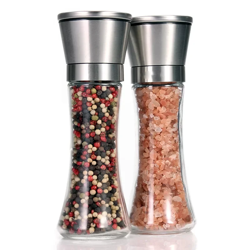 

18/8 Brushed Stainless Steel Pepper Mill and Salt Mill, 6 Oz Glass Tall Body, 5 Grade Adjustable Ceramic Rotor