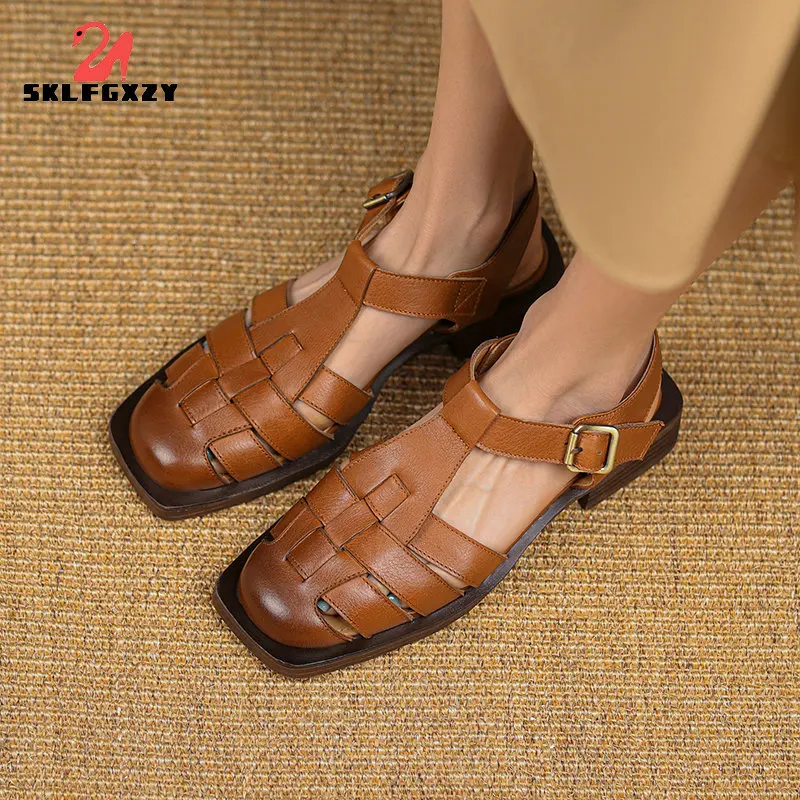

2022 Summer New Model Brand Women's Shoes Genuine Leather Sandals Weaving Roman Style Flat Party Sandals