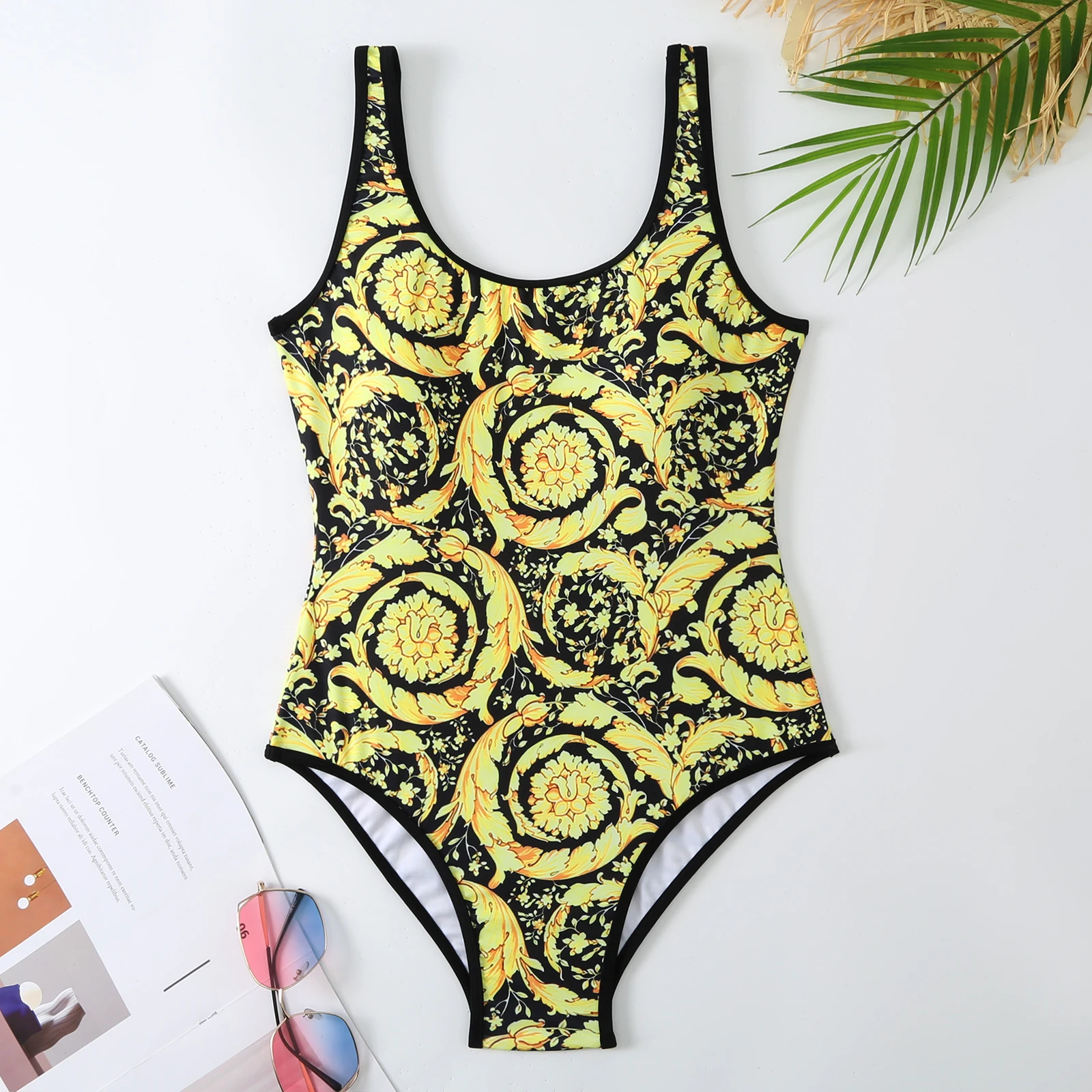 2023 Women Swimsuit With Cover up Summer Luxury Women Swimwear One-piece Sexy Bathing Suits Retro Golden Floral Print Beach Wear
