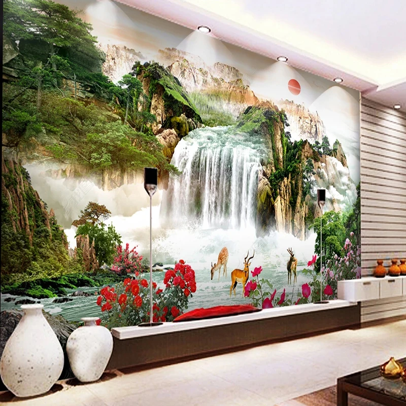 

Custom Mural Wallpaper Chinese Landscape Painting Waterfall Fresco Living Room Bedroom Background Wall Painting Home Decor Mural