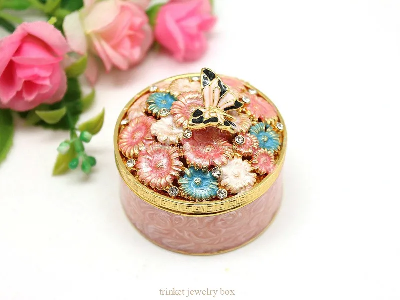 Round ShapeTrinket Jewelry Display Box with Butterfly in Flowers Lid
