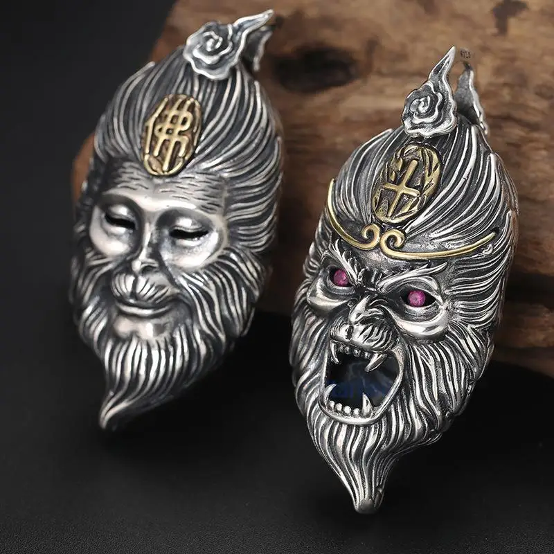 

S925 Sterling Silver Jewelry Pendant Thai Silver Retro Personality Domineering Battle Wins Buddha Sun Wukong men's Pendant