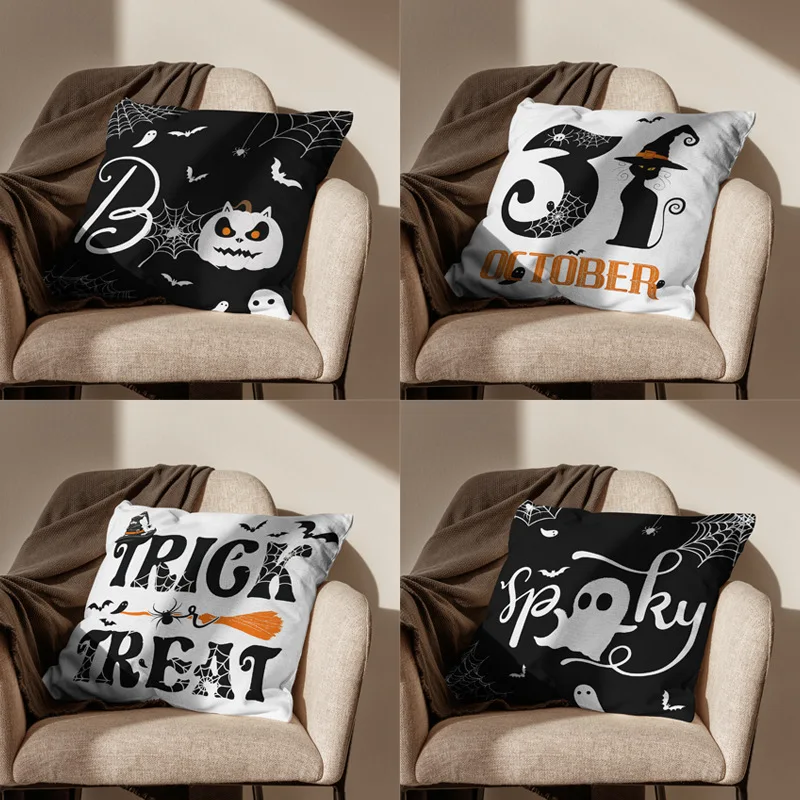 

Linen Throw Pillow Cover Halloween Theme Black and White Peinted Square Cushion Covers Decorative Pillows for Sofa Home