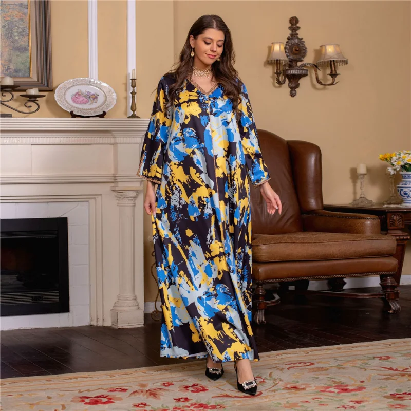 Floral Abaya Turkish Kimono Dubai Islamic Clothing For Women Muslim Dress Evening Gowns Djellaba Femme Long Sleeve Party Robe