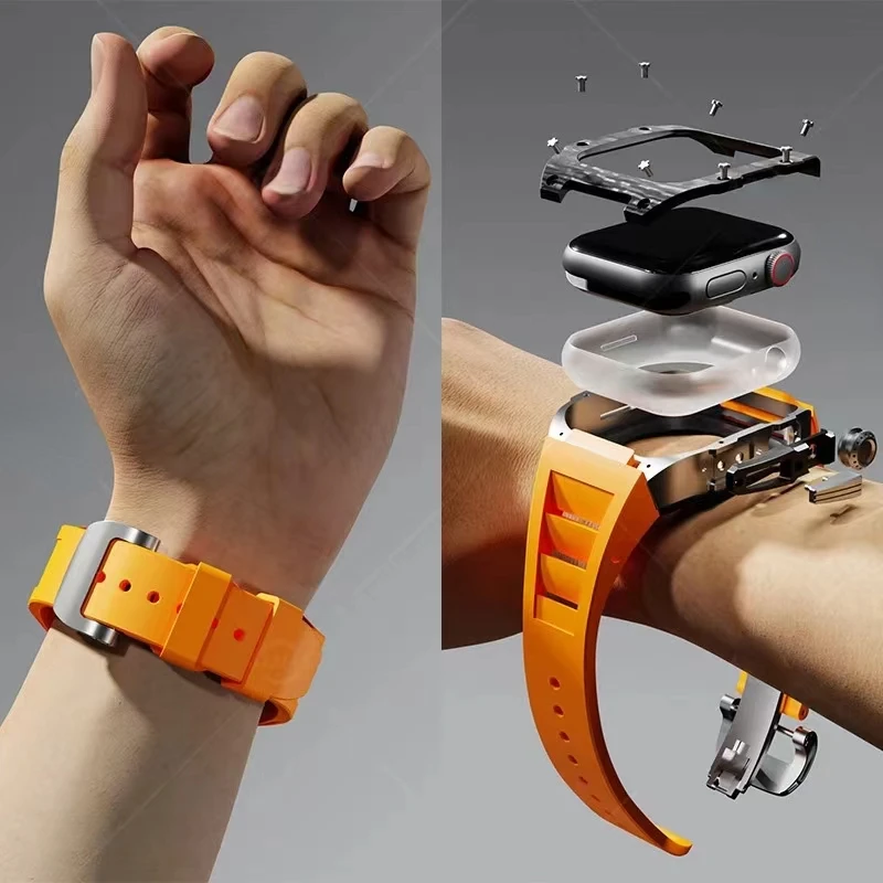 Скидка Модифицированный комплект для Apple Watch серии 8/7 45 мм резиновая Роскошная металлическая рамка для IWatch SE654 44 чехол из углеродного волокна и нерж...
