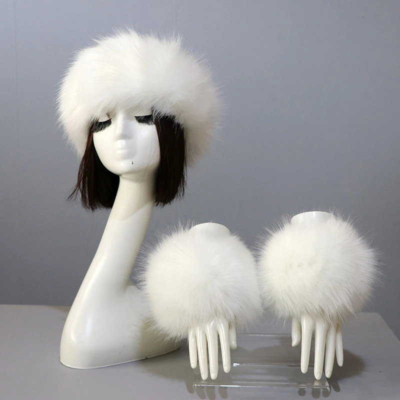

3pcs/Set Women Winter Faux Fox Fur Headband Hats Cuffs Fashion Warmth Female Wrist Sleeve Gloves Faux Fur Cap Russian Style