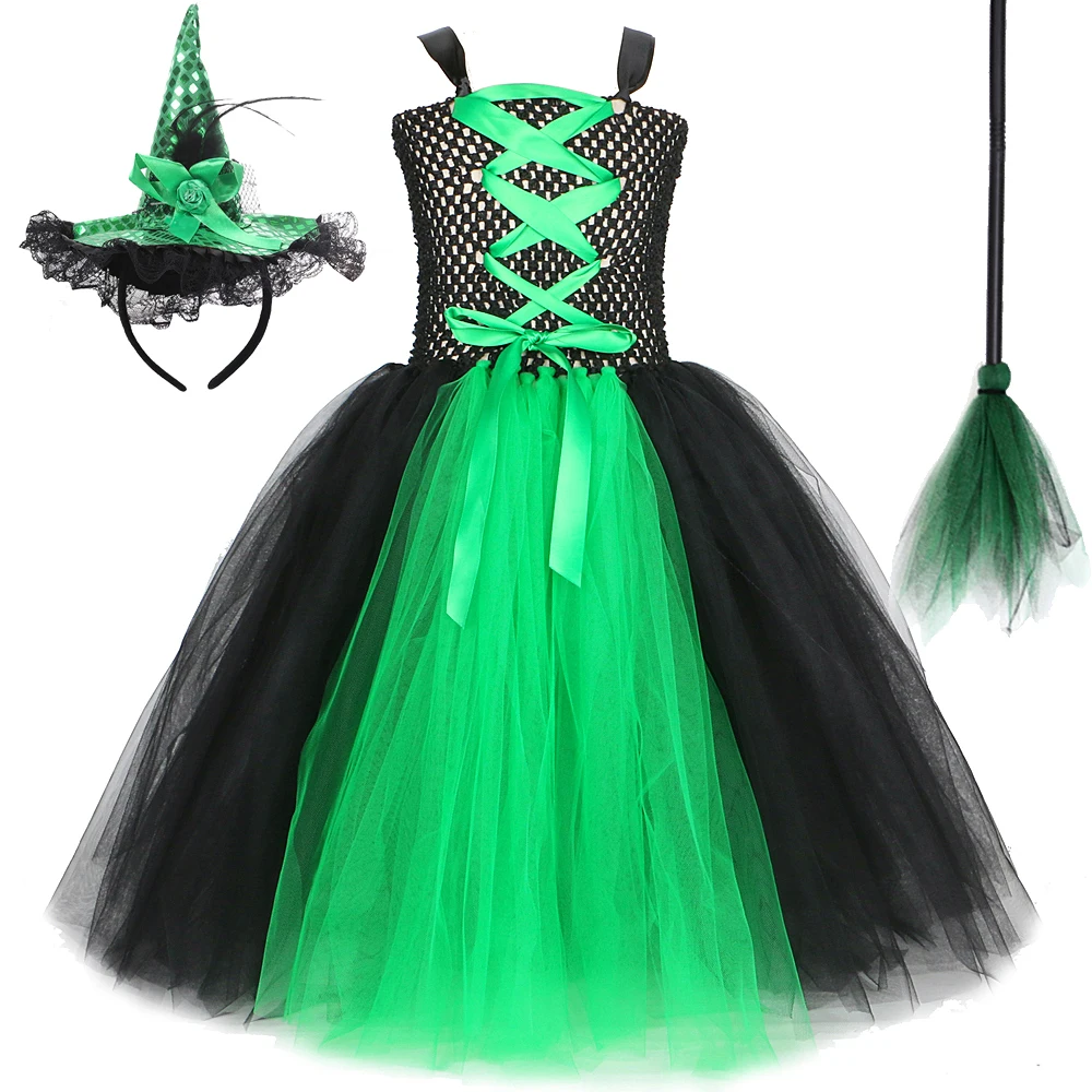 

Witch Long Tutu Dress for Girls Carnival Halloween Costume for Kids Witches Cosplay Outfit with Hat Broom Children Party Clothes