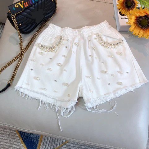 Modis pearls beading diamonds denim shorts women high waist white short femme elastic cotton short wide leg jeans summer 2022
