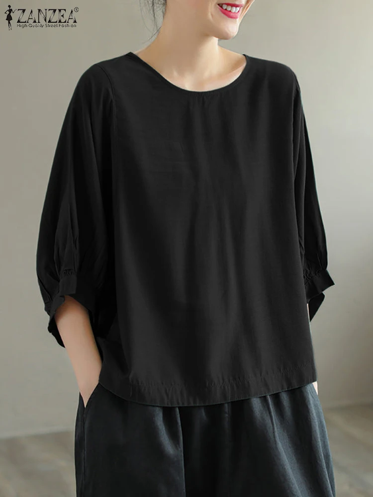 

ZANZEA 2023 Summer Solid Color Tops Women 3/4 Sleeve Blouse Oversize Round Neck Fashion Shirt Casual Loose Cotton Retro Chemise