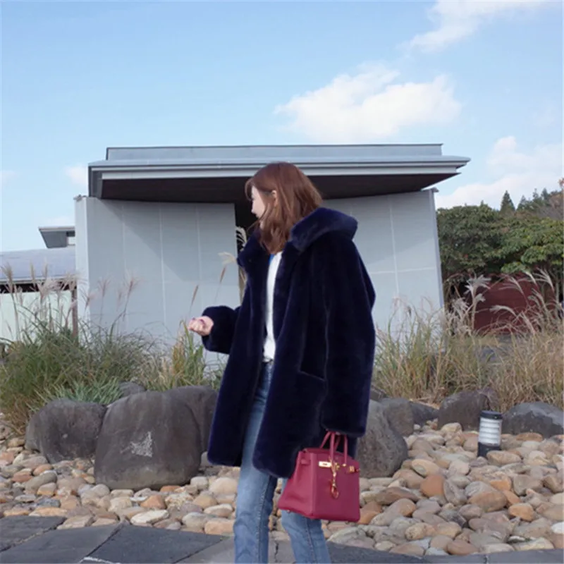 2022 New Warm Windproof Jacket Hoodie Outwear Fake Rabbit Fur Coat Retro Fur Windbreaker Hooded Faux Fur Length Coat long pink