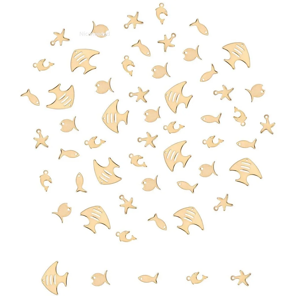 

50pcs Stainless Steel Pendant Set 5 Styles Marine Life Pendants Golden Starfish Fish Charms Craft for Bracelets Necklace Making