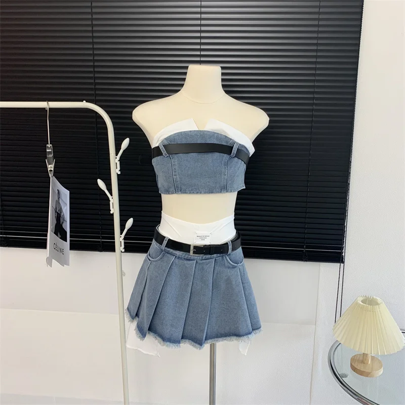

Summer Suit For Women Sexy Bandeau Vest High-rise Mini Pleated Skirt Two-piece