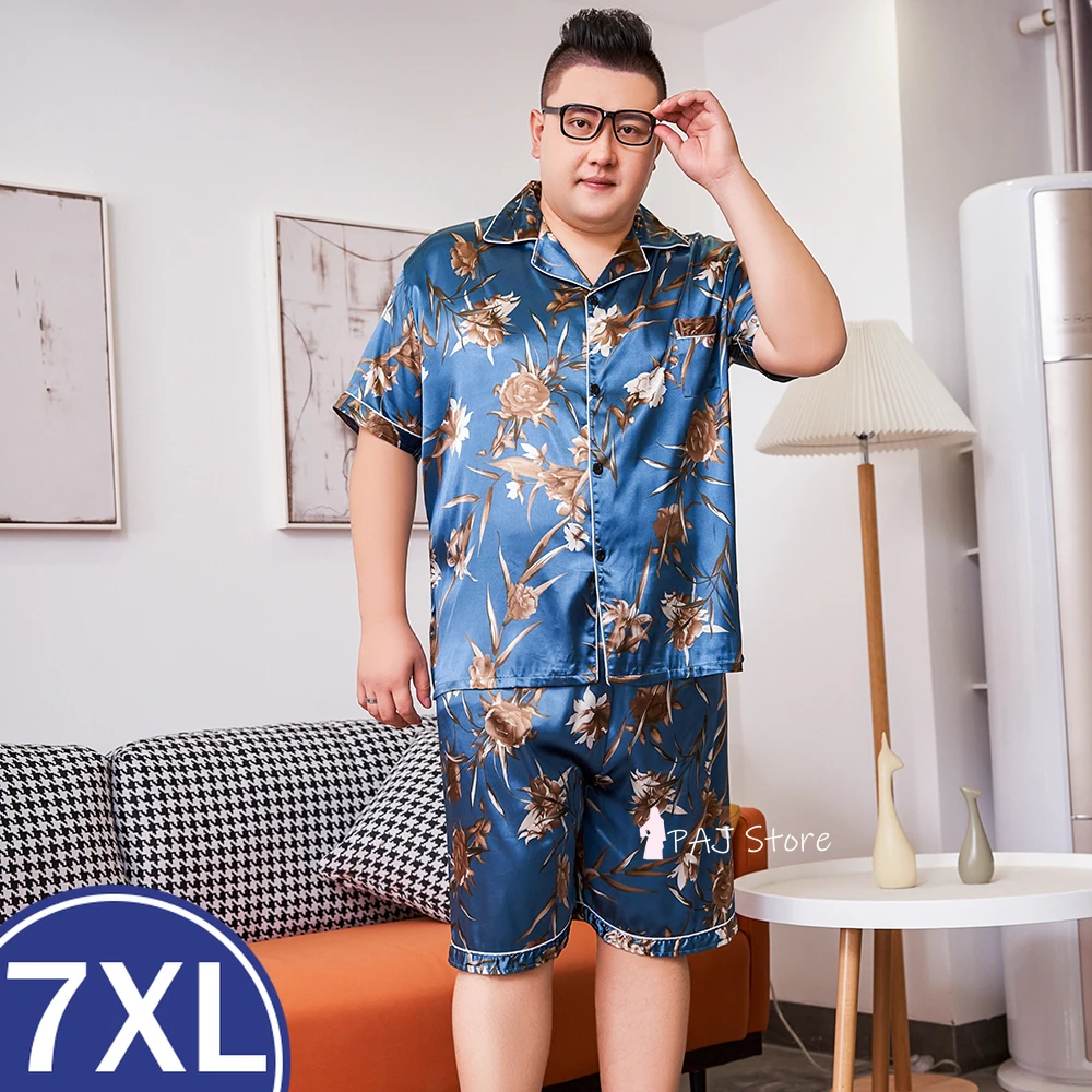 

Пижамная одежда для сна, атласная пижама большого размера 7XL с рукавами, домашняя одежда, шелковая короткая Пижама 3XL, комплект больших мужск...