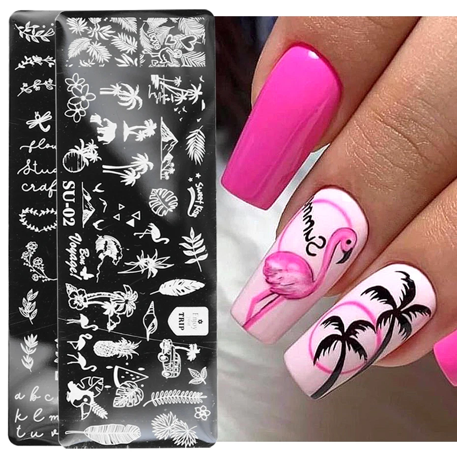 

Plam Tree Nail Stamping Plates Coconut Daisy Flower Leaf Flamingo Letter Summer Template Plate Mold Nail Art Stencil Tools KESU