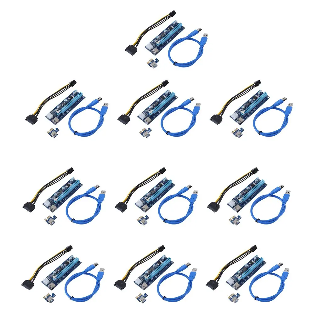 

10 шт., USB 3.0 PCI E Express 1x до 16x удлинитель, кабель питания, 6-контактная карта, графический адаптер, аксессуары для майнинга