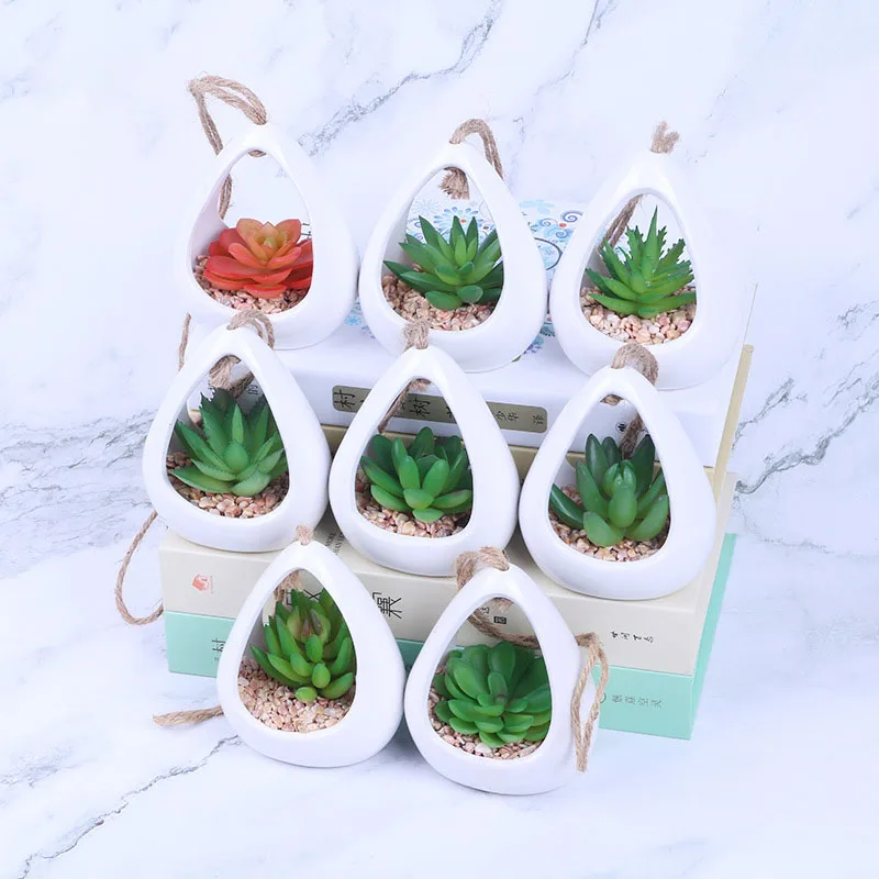 

Simulation Succulent Small Potted Plant with White Ceramic Basin Contains Twine Artificial Ornament for Garden Home Office Decor