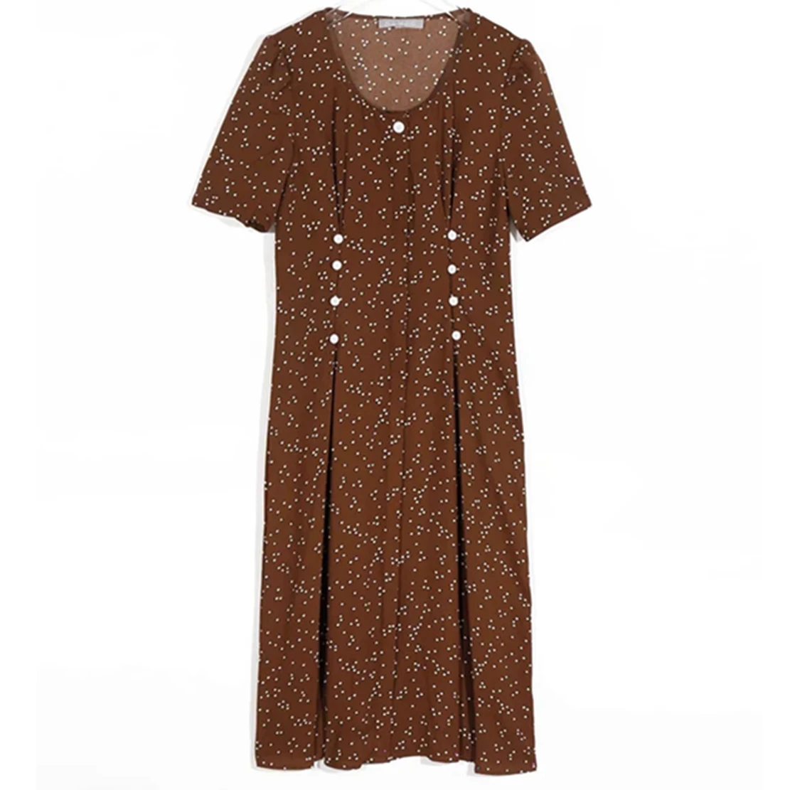 

Withered French Style Indie Folk Parka Dot Print O-neck Pleated Buttons Vintage Elegant Fashion Party Midi Dress Women