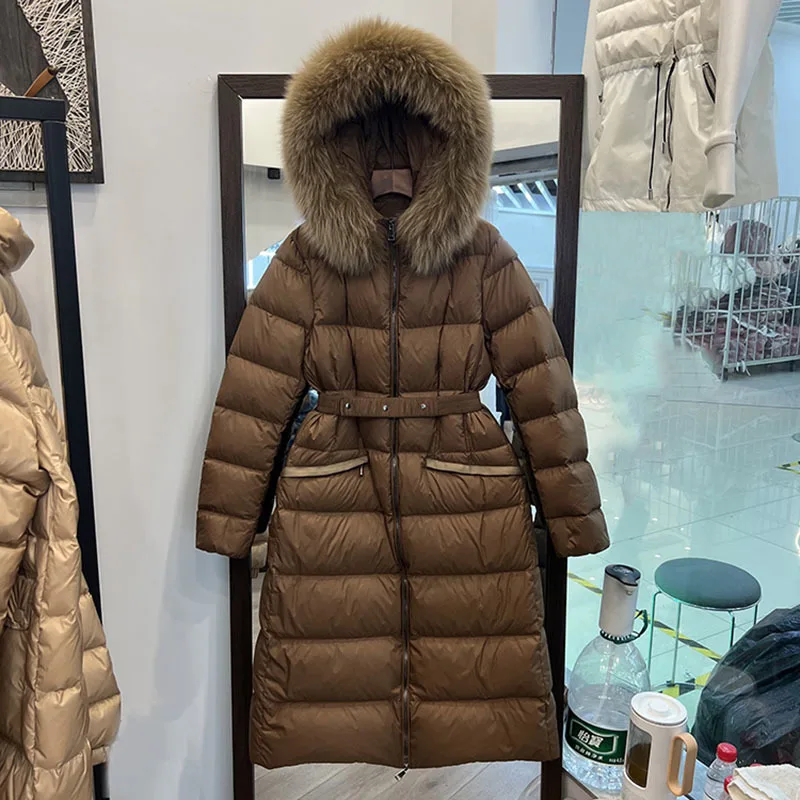 

2022 Winter Jacket Women Long Overcoat Belt High Quality Female Warm Slim Parka Fox Fur Collar 90% White Duck Down Coat