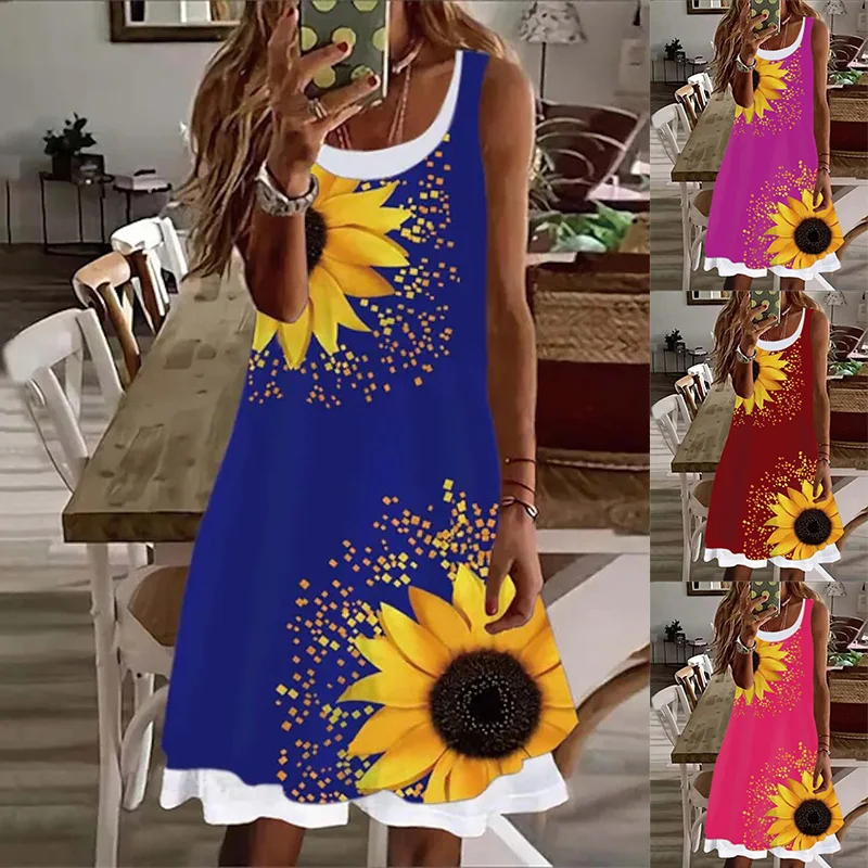

Summer Fashion Women's A Line Dress Knee Length Elegant Sleeveless Sunflower Theme Printed Round Neck Casual Loose Beach Dress