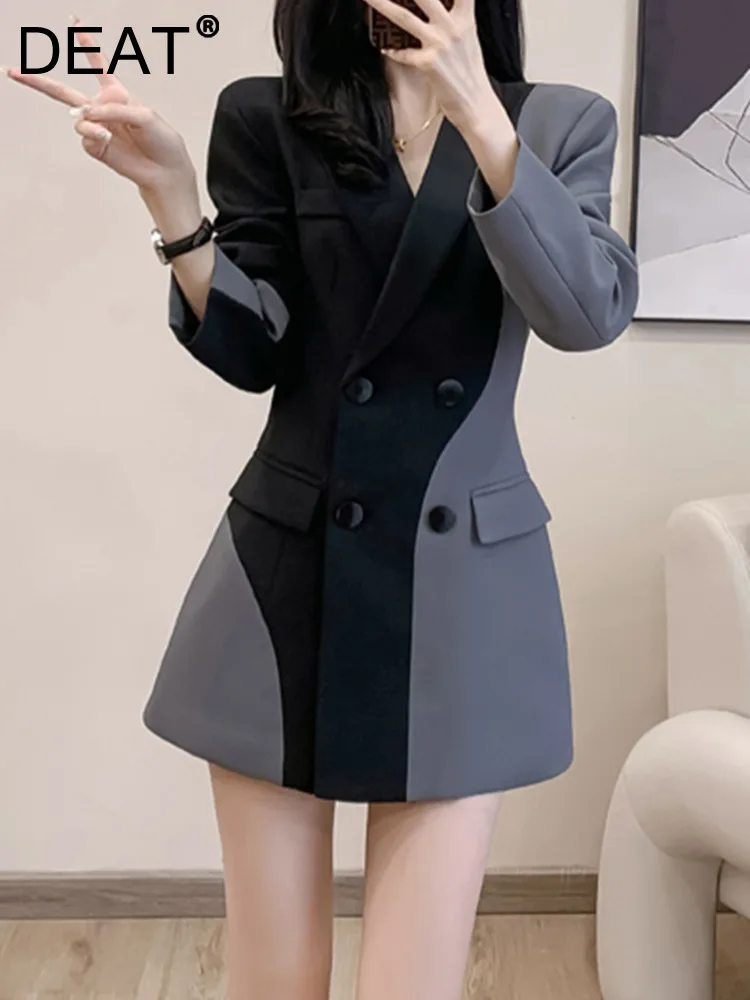 

DEAT Fashion Women Blazer Notched Collar Double Breasted Long Sleeves Contract Color Waist Suit Jackets Autumn 2023 New 17A9666