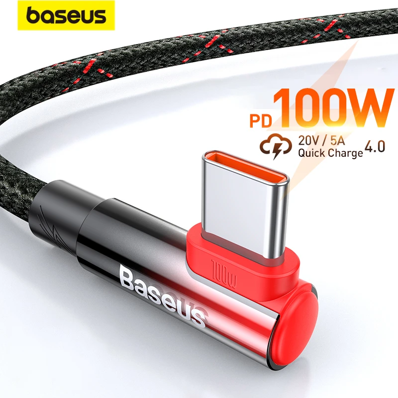 Baseus 100W USB C Cable for Xiaomi Samsung S20 S21 Fast Charging USB C Cable 90 Degree QC 3.0 Gaming Cable For Macbook