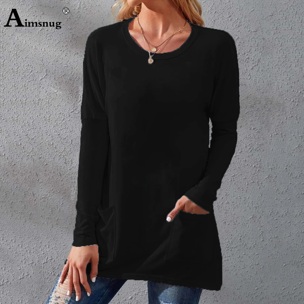 

Oversized 5xl Ladies Stand Pockets T-shirt Women Long Basic Tops 2022 Autumn Round Neck Tees Shirt Black Khaki Casual Pullovers
