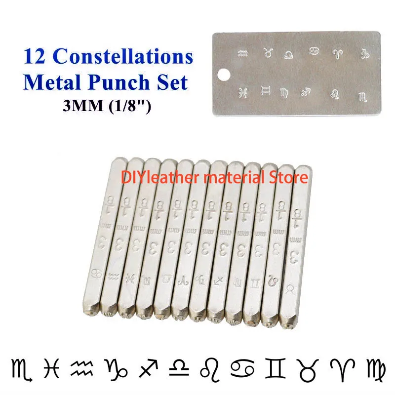 12pcs 3mm Constellation Metal Stamps Punch Tools Leather Jewelry Ring DIY Punching Custom Logo Steel Stamping Kit Silver Gold