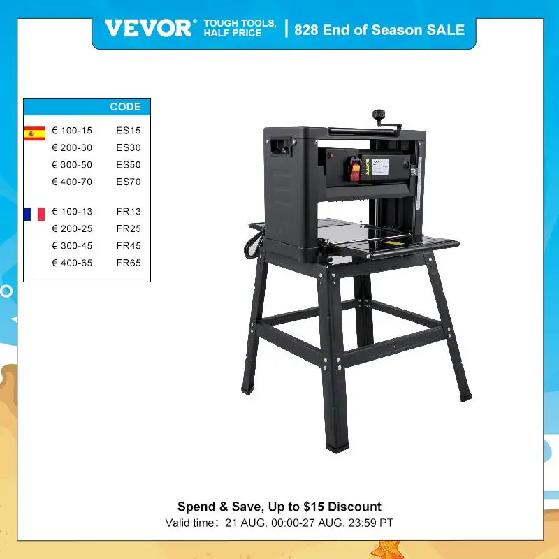 VEVOR Electric Planer 12/12.5/13 inch Thicknesser Wood Planer With Stand & Dust Exhaust 1800W 8000RPM for Woodworking Power Tool