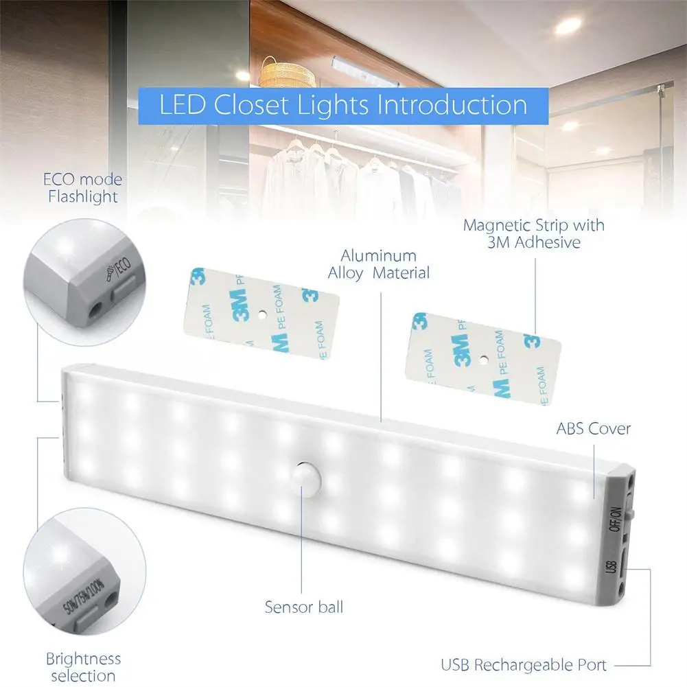 3pcs Led Motion Sensor Cabinet Lights Wireless Usb Rechargeable Kitchen Night Lights 7.6 Inch Stick On Lights hotselling