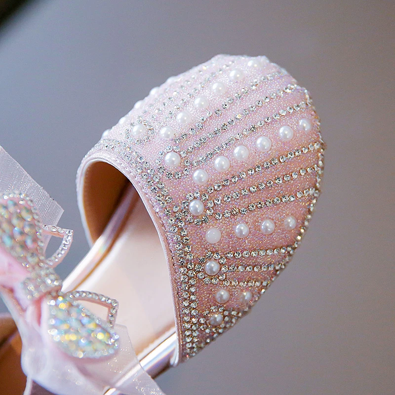 Little Girl's Princess Shoes Spring Pink Sliver Diamante Mesh Children Mary Janes 23-36 Fashion Sweet Toddler Girl Single Shoe enlarge