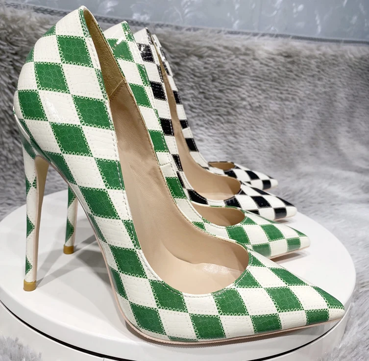 

2022 Color matching Checkered High Heel Shoes Colorized Plaid 12 10 8cm Party shoes Slip-on Shallow Wedding bridal Pumps 33-45