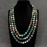 Y.YING 3 Rows Freshwater Cultured White Pearl Green Agate Dzi Agate Necklace Handmade Women Designer Jewelry