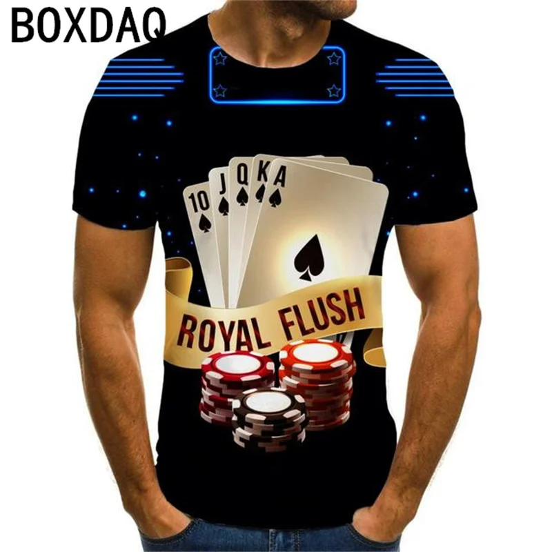 

3D Playing Cards T-shirt Men's Funny Royal Flush Print T Shirts Summer Short Sleeve Hip Hop Street Personality Tops Plus Size
