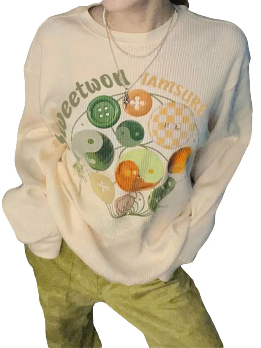 

Женский Повседневный Свободный пуловер, свитшоты с буквенным принтом тай-чи, топы с длинным рукавом и круглым вырезом в рубчик, уличная одежда