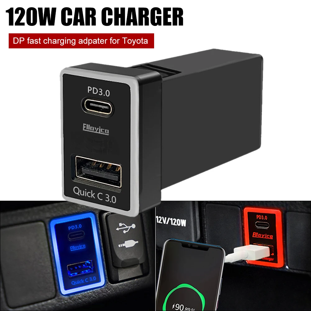 

60w 120W Car Charger Super Fast Charging Dual USB Output USB + Type-C Car Charging Adapter Mobile Phone PD Charger for Toyota